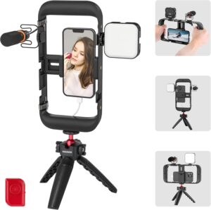 NEEWER Kit Stabilizzatore Video Telefono con luce LED, microfono CM14 PRO e treppiede da tavolo, compatibile con iPhone 15 Pro Max, Samsung e Huawei