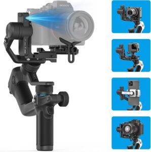 FeiyuTech SCORP Mini2 stabilizzatore a 3 assi per fotocamere mirrorless, action cam e smartphone, con design compatto e tracker AI integrato.