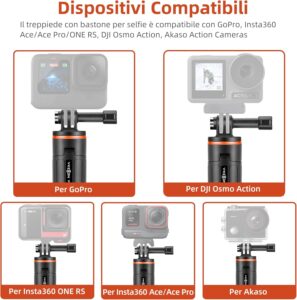 Vkesen Bastone Selfie con Mini Treppiede, compatibile con GoPro, DJI Osmo Action e Insta360 per riprese stabili e versatili.