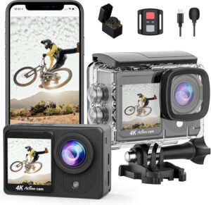 TIMNUT 4K Action Cam in uso durante un'avventura subacquea, con schermo dual screen e telecomando