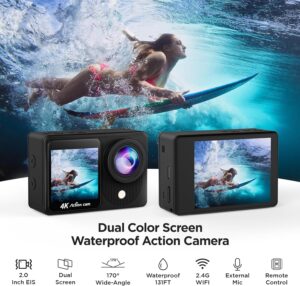 TIMNUT 4K Action Cam in uso durante un'avventura subacquea, con schermo dual screen e telecomando