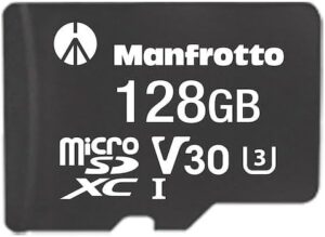 Scheda di memoria Manfrotto 128GB MicroSDXC, ideale per action cam, droni e gimbal, con 90MB/s in lettura e scrittura, perfetta per video e foto di qualità.