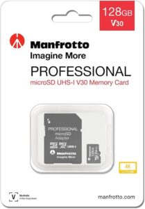 Scheda di memoria Manfrotto 128GB MicroSDXC, ideale per action cam, droni e gimbal, con 90MB/s in lettura e scrittura, perfetta per video e foto di qualità.