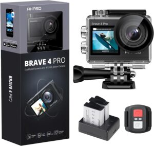 AKASO Brave 4 Pro Action Cam 4K, fotocamera subacquea con doppio schermo, stabilizzazione EIS e accessori