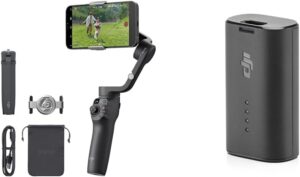 Immagine del DJI Osmo Mobile 6, stabilizzatore cardanico per smartphone con 2 batterie e occhiali, in uso per riprese stabili.