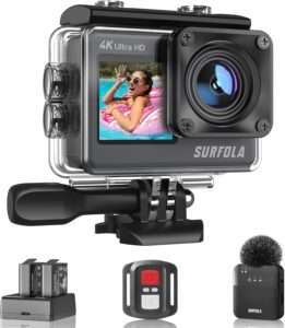 Surfola SF530 Microfono Wireless Action Cam 4K, ideale per moto, sci, snorkeling e vlog con doppio schermo e impermeabilità fino a 40m