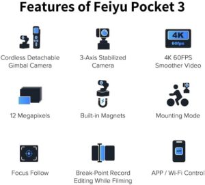 Feiyu Pocket 3 con impugnatura di controllo remoto, videocamera sportiva 4K con stabilizzazione a 3 assi  