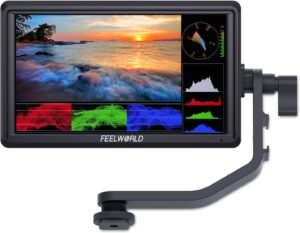 Monitor FEELWORLD FW568 V3 da 6 pollici per fotocamera DSLR, con funzionalità avanzate come LUT, assistenza al focus e onda a forma d'onda.