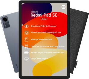 Xiaomi Tablet Pad SE 8 256 GB con schermo 11", batteria 8000 mAh e fotocamera da 8 MP in grigio, con custodia in feltro e caricatore rapido incluso.