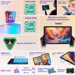 Tablet 10 pollici Android 14 con 22GB RAM, 128GB ROM, e accessori inclusi  