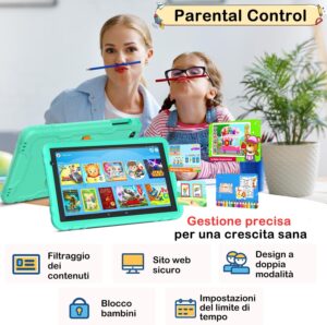 Tablet per bambini da 10 pollici con Android 14, 5G, batteria 8000 mAh e custodia protettiva EVA.