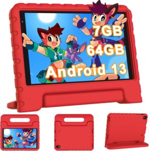 Tablet Bambini 8 pollici con Android 13, 7GB di RAM e custodia rossa, ideale per l'apprendimento e il divertimento dei bambini