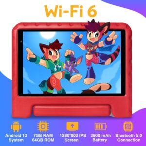 Tablet Bambini 8 pollici con Android 13, 7GB di RAM e custodia rossa, ideale per l'apprendimento e il divertimento dei bambini