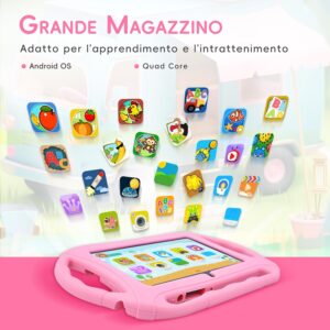 Veidoo Tablet per bambini da 7 pollici, tablet rosa con schermo HD, perfetto per giochi ed educazione.