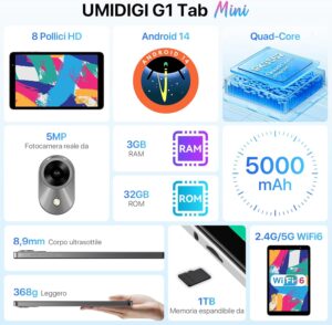 UMIDIGI Tablet Android 14 con WIFI 6 e batteria da 5000 mAh  