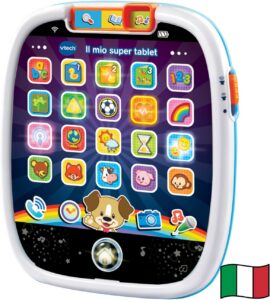 VTech Il Mio Super Tablet per bambini con icone interattive, effetti luminosi e pratica maniglia, ideale per stimolare l'apprendimento dei più piccoli.