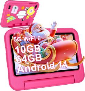 Tablet Android 14 per bambini, 7 pollici, 10GB RAM, con custodia EVA rosa, ideale per l'apprendimento e l'intrattenimento