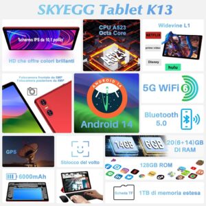 SKYEGG Tablet 10 Pollici Android 14, con tastiera, mouse e custodia, rosso