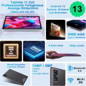 FACETEL Tablet 11 Pollici Android 13 con display 2K e connettività 5G, perfetto per lavoro e intrattenimento