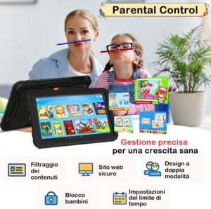 Tablet per bambini da 10 pollici con Android 14, 5G Wifi, 22GB di RAM, 128GB di ROM, controllo parentale e custodia EVA protettiva