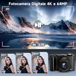 Immagine di una fotocamera digitale 4K nera con doppio obiettivo e display acceso