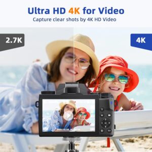 Immagine di una fotocamera digitale 4K nera con touchscreen e accessori