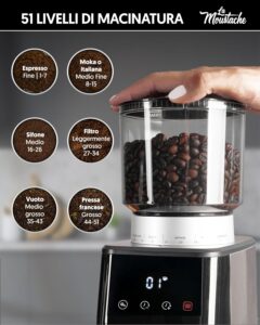 Macinacaffè Elettrico La Moustache con 51 livelli di macinatura e design in acciaio inox, ideale per un caffè perfetto ogni giorno.