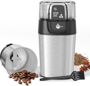 Macina Caffè Elettrico QEXREED 200W con contenitore in acciaio inossidabile, ideale per caffè, spezie e cereali.