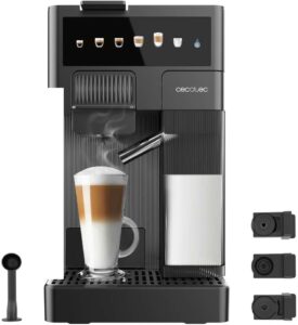 Cecotec Macchina da Caffè FreeStyle Latte con design elegante, pompa a 20 bar, serbatoio per latte e caffè macinato, ideale per preparare caffè di qualità.