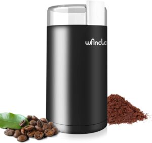 Macina Caffè Wancle in nero e bianco, design compatto e silenzioso, ideale per macinare caffè e spezie con un pratico sistema one-touch